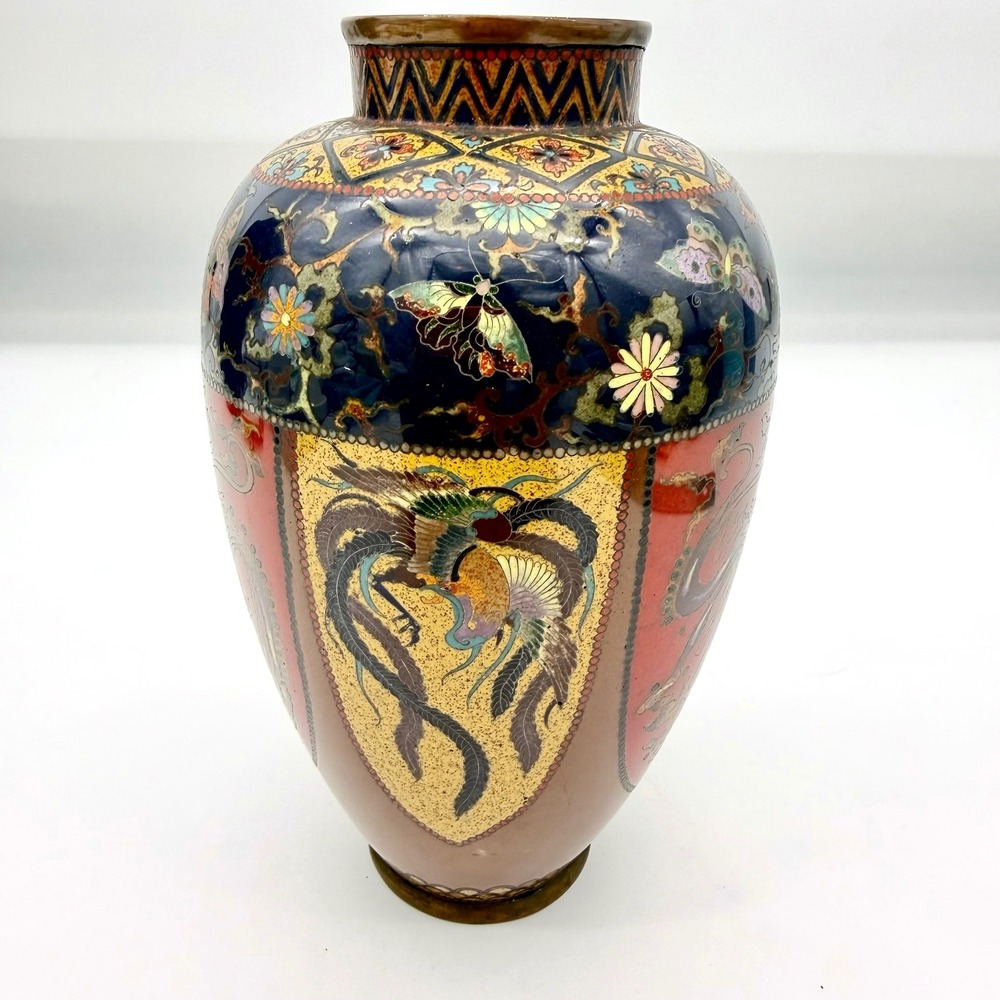 Antique Asian Cloisonne Vase 5.75" Brass Enamel‎ Vintage Multi Dragon Phoenix
